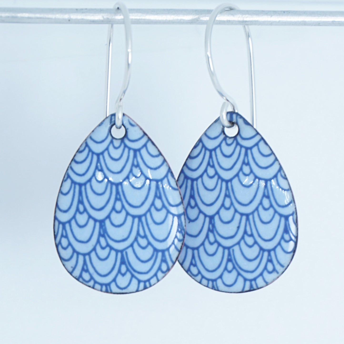 Blue Mermaid Scale Accents on Light Blue Enamel Teardrop Earrings