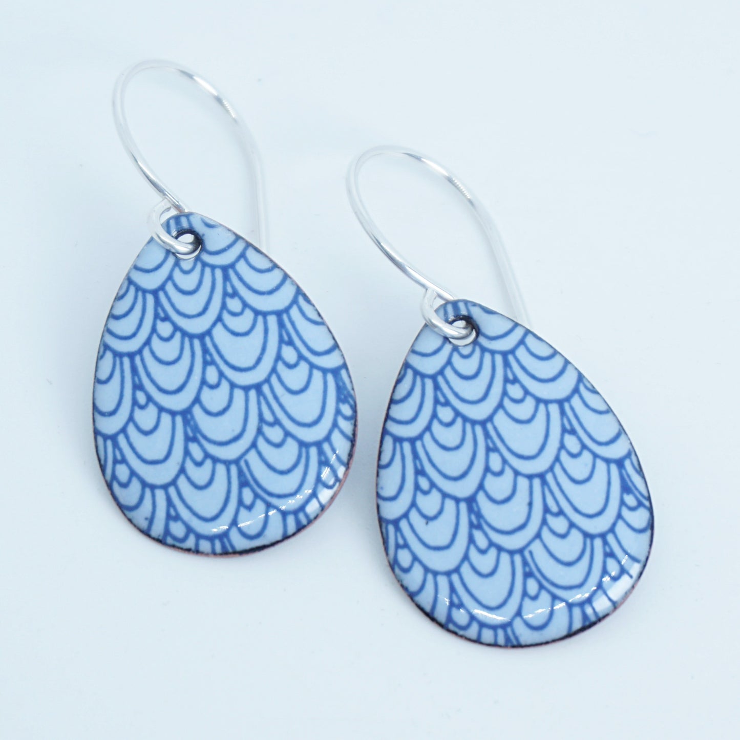 Blue Mermaid Scale Accents on Light Blue Enamel Teardrop Earrings