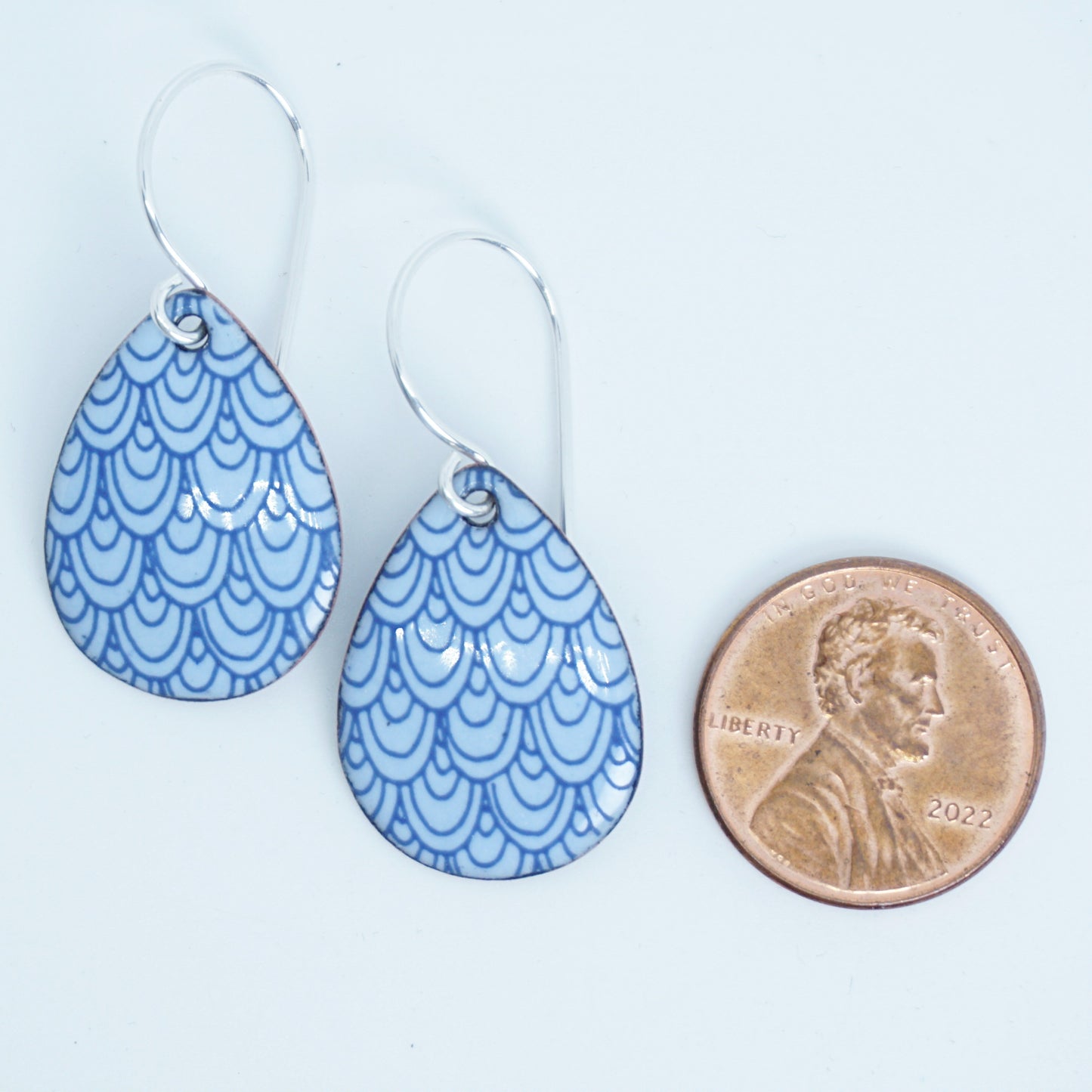 Blue Mermaid Scale Accents on Light Blue Enamel Teardrop Earrings