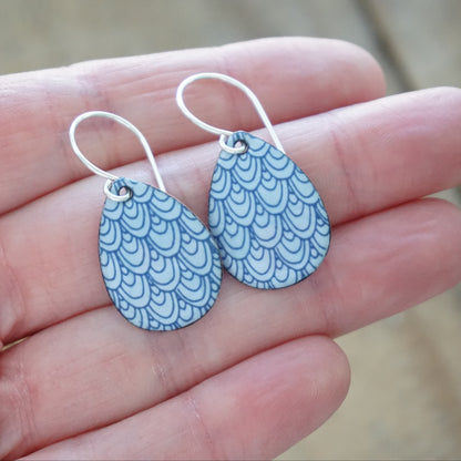 Blue Mermaid Scale Accents on Light Blue Enamel Teardrop Earrings