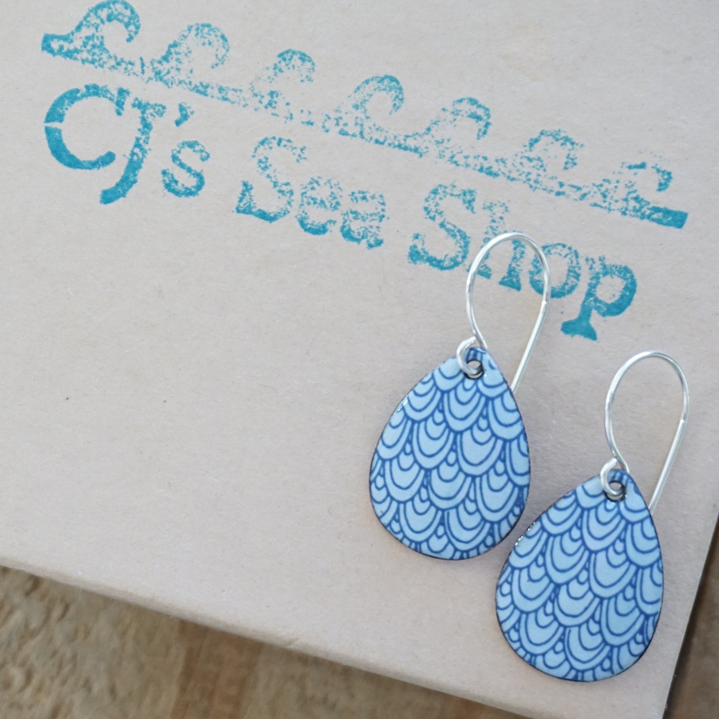 Blue Mermaid Scale Accents on Light Blue Enamel Teardrop Earrings