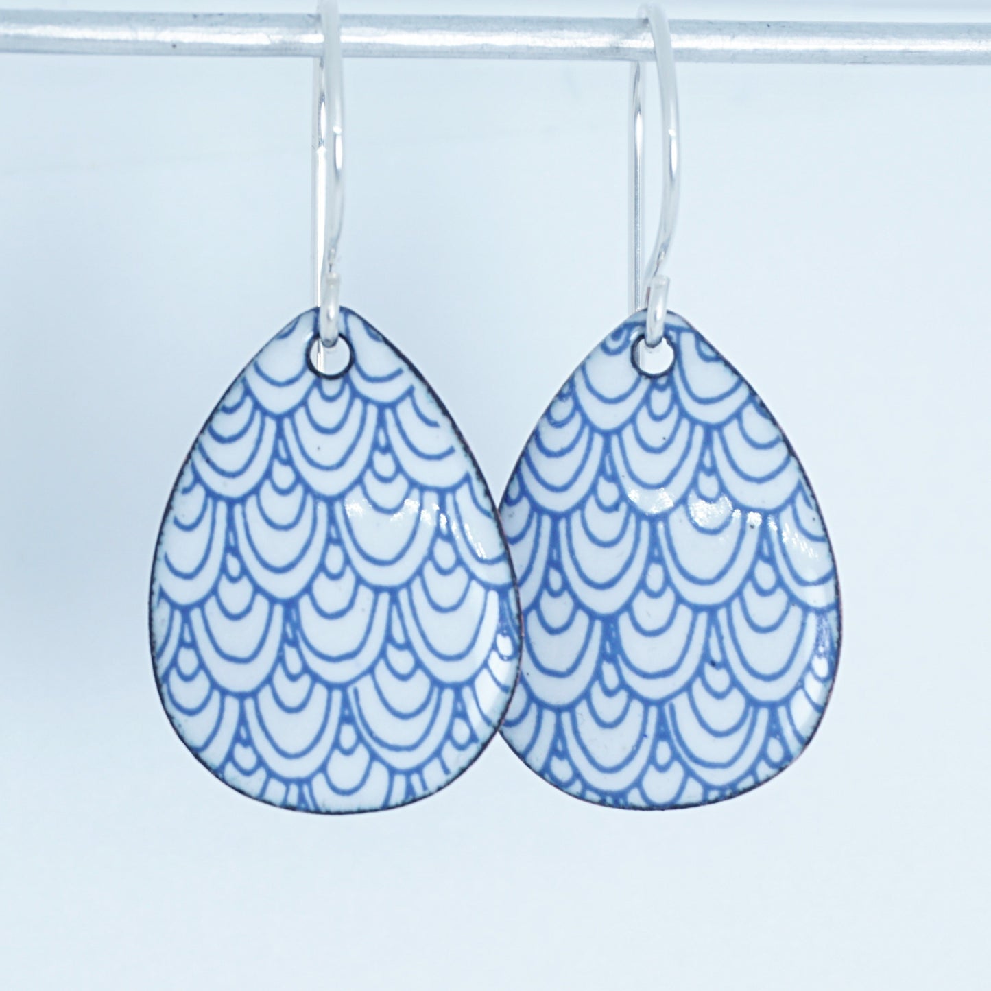 Blue Mermaid Scale Accents on White Enamel Teardrop Earrings