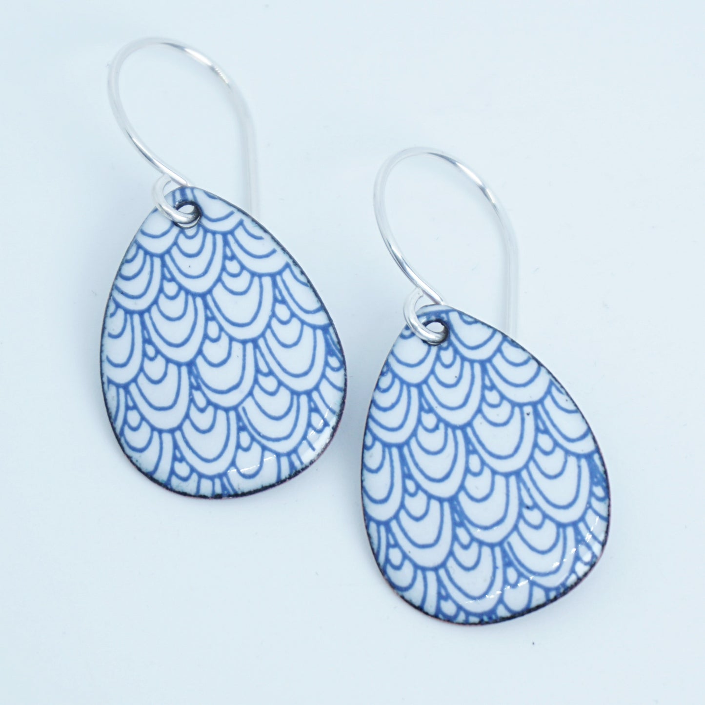 Blue Mermaid Scale Accents on White Enamel Teardrop Earrings