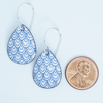 Blue Mermaid Scale Accents on White Enamel Teardrop Earrings