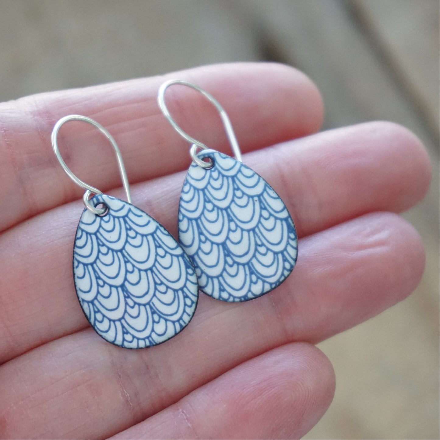 Blue Mermaid Scale Accents on White Enamel Teardrop Earrings