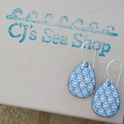 Blue Mermaid Scale Accents on White Enamel Teardrop Earrings