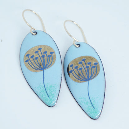 Gold and Blue Dandelions on Light Blue Enamel Teardrop Earrings