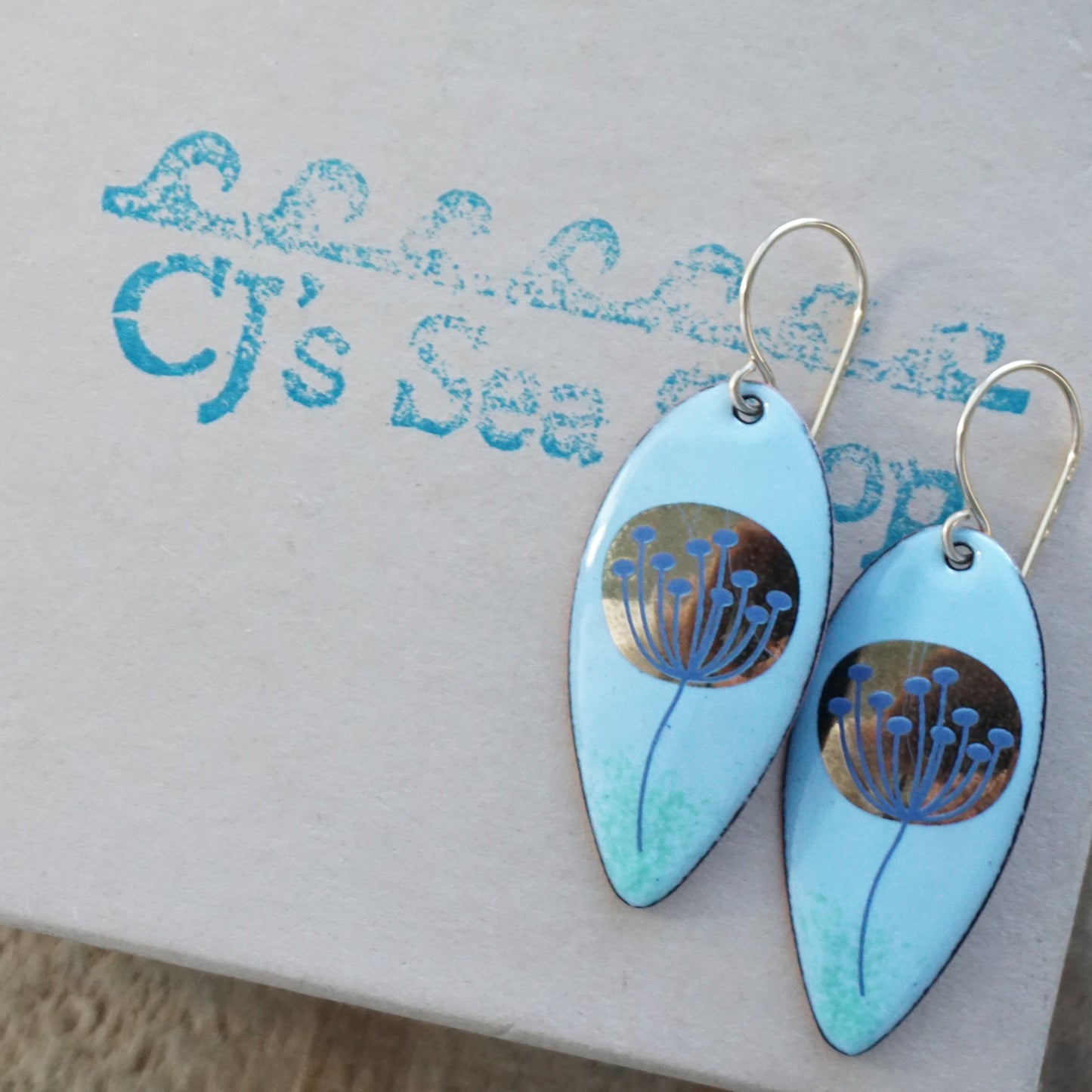 Gold and Blue Dandelions on Light Blue Enamel Teardrop Earrings