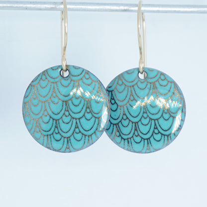 Gold Mermaid Scale Accents on Mint Green Enamel Earrings