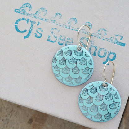 Gold Mermaid Accents on Seafoam Green Enamel Disc Earrings
