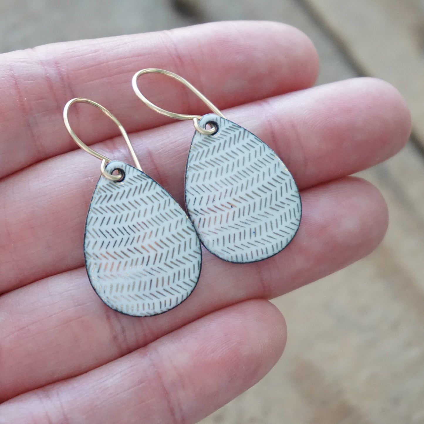 Gold Accents on White Enamel Teardrop Earrings