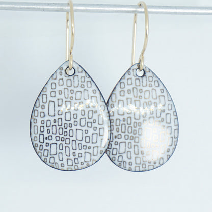 Gold Rectangles on White Enamel Teardrop Earrings