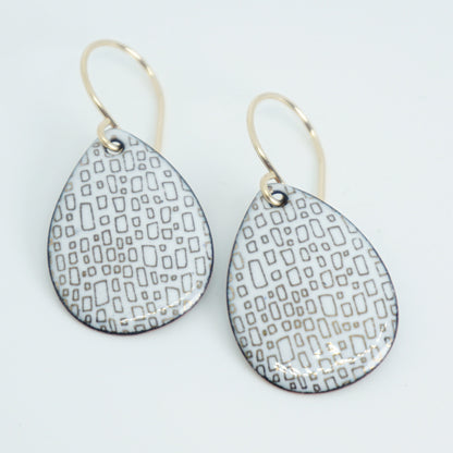 Gold Rectangles on White Enamel Teardrop Earrings