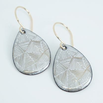 Gold Accents on White Enamel Teardrop Earrings