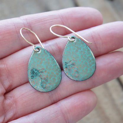Gold Accents on Green Enamel Teardrop Earrings