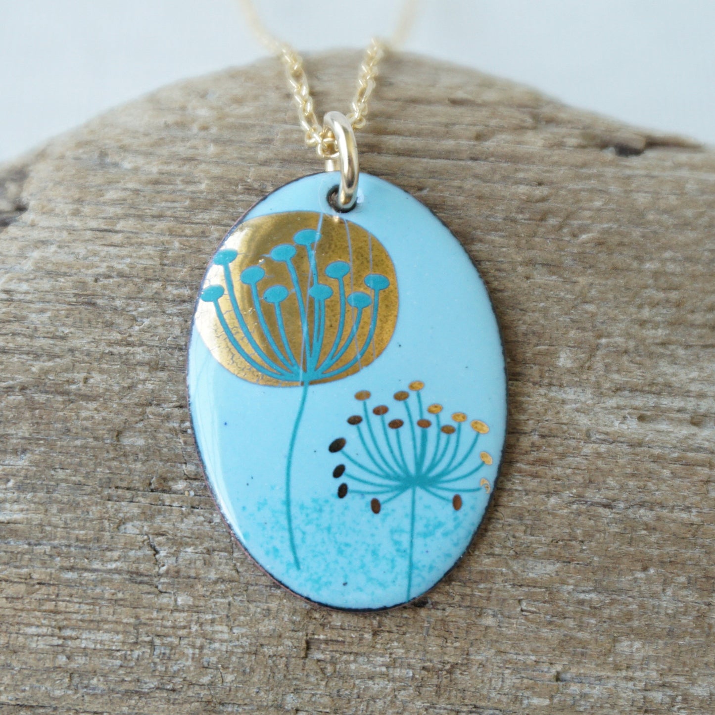 Teal and Gold Dandelions on Light Blue Enamel Pendant