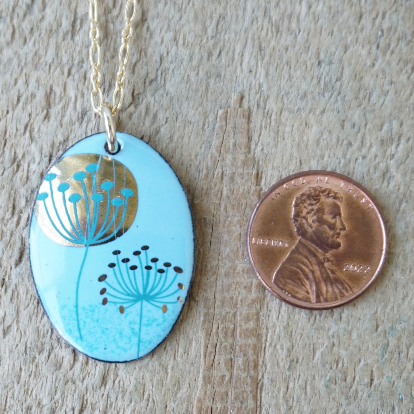 Teal and Gold Dandelions on Light Blue Enamel Pendant