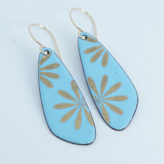 Gold Flowers on Light Blue Enamel Teardrop Earrings