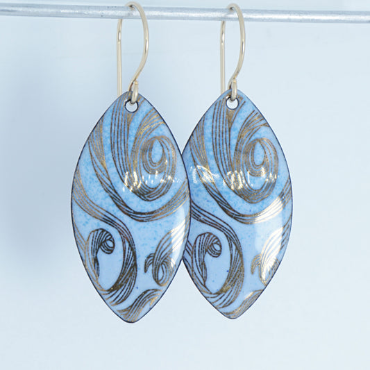 Gold Swirl on Light Blue Enamel Marquis Earrings