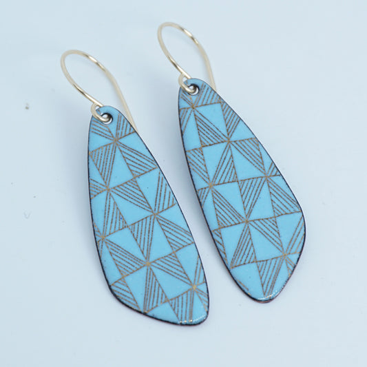 Gold Windmill on Light Blue Enamel Teardrop Earrings