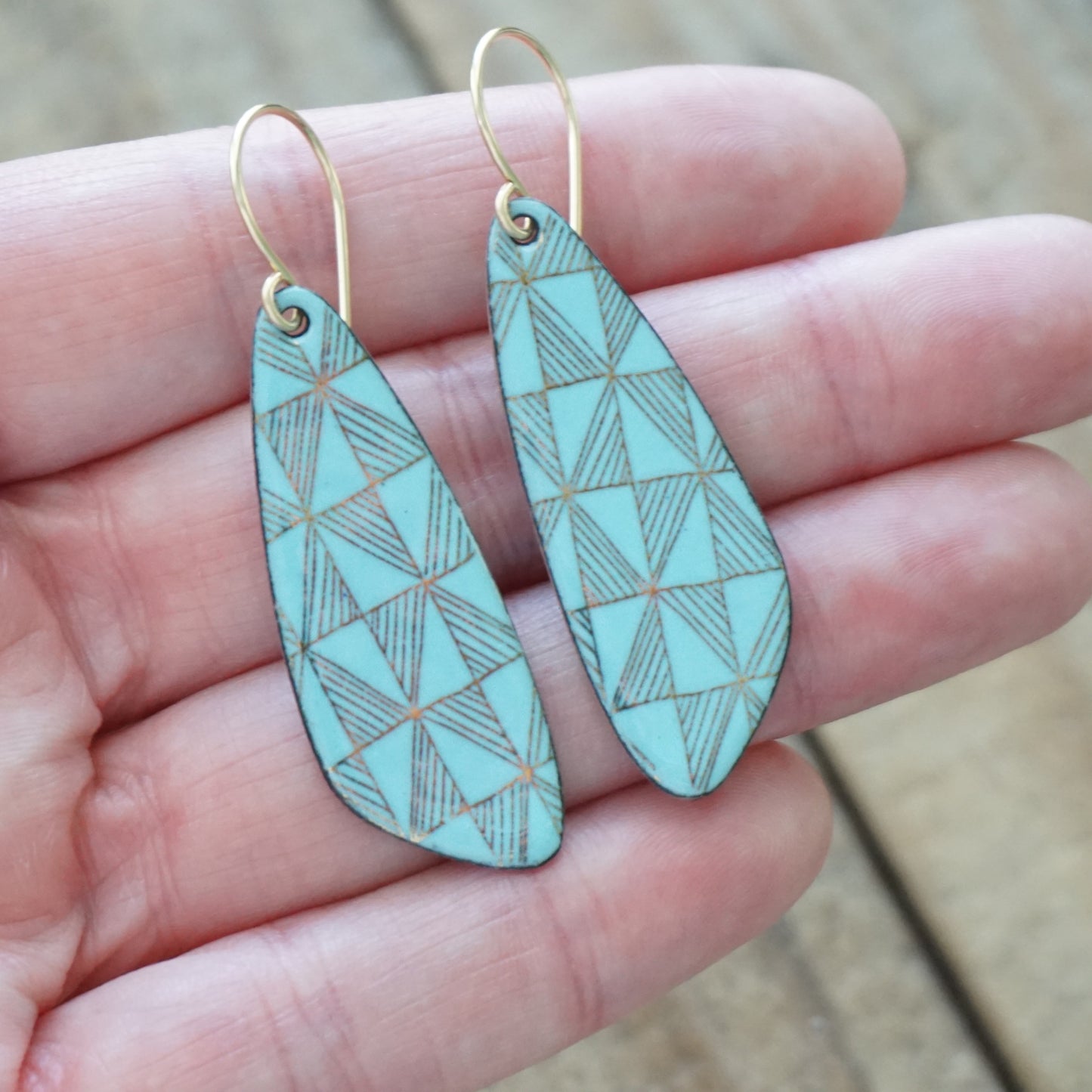 Gold Windmill on Light Blue Enamel Teardrop Earrings