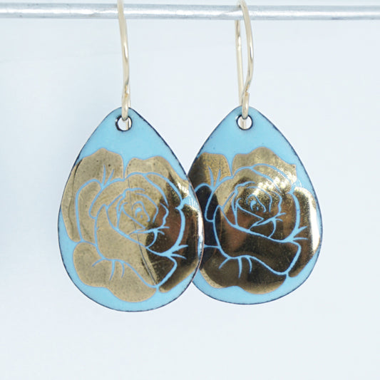 Gold Flowers on Light Blue Enamel Teardrop Earrings