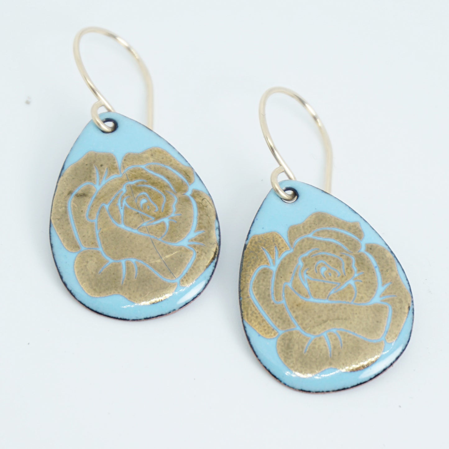 CLEARANCE Gold Flowers on Light Blue Enamel Teardrop Earrings