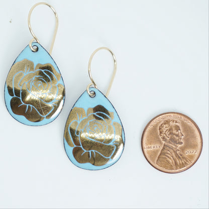 CLEARANCE Gold Flowers on Light Blue Enamel Teardrop Earrings