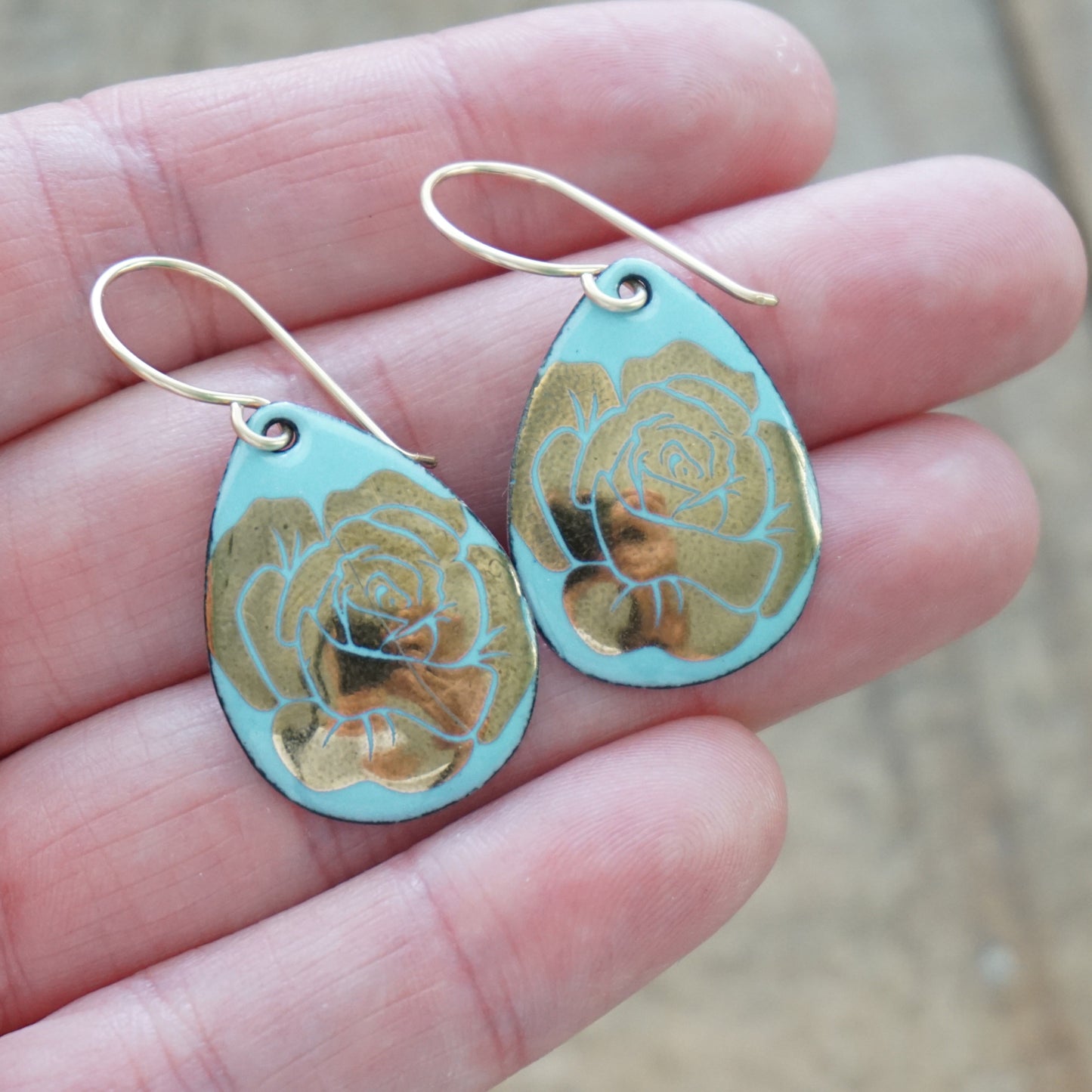 CLEARANCE Gold Flowers on Light Blue Enamel Teardrop Earrings