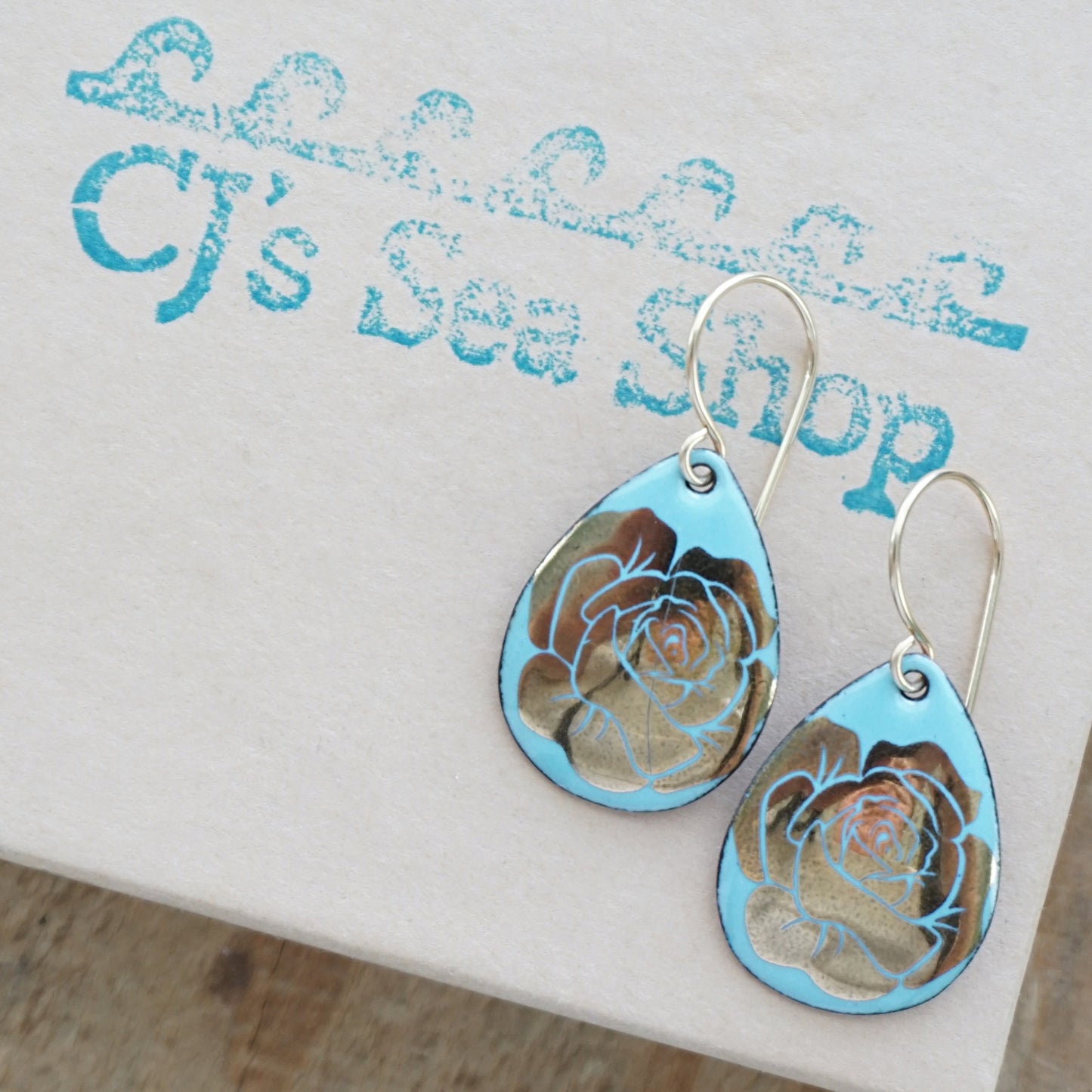 CLEARANCE Gold Flowers on Light Blue Enamel Teardrop Earrings
