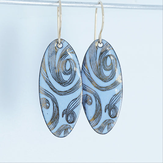 Gold Swirl on Light Blue Enamel Oval Earrings