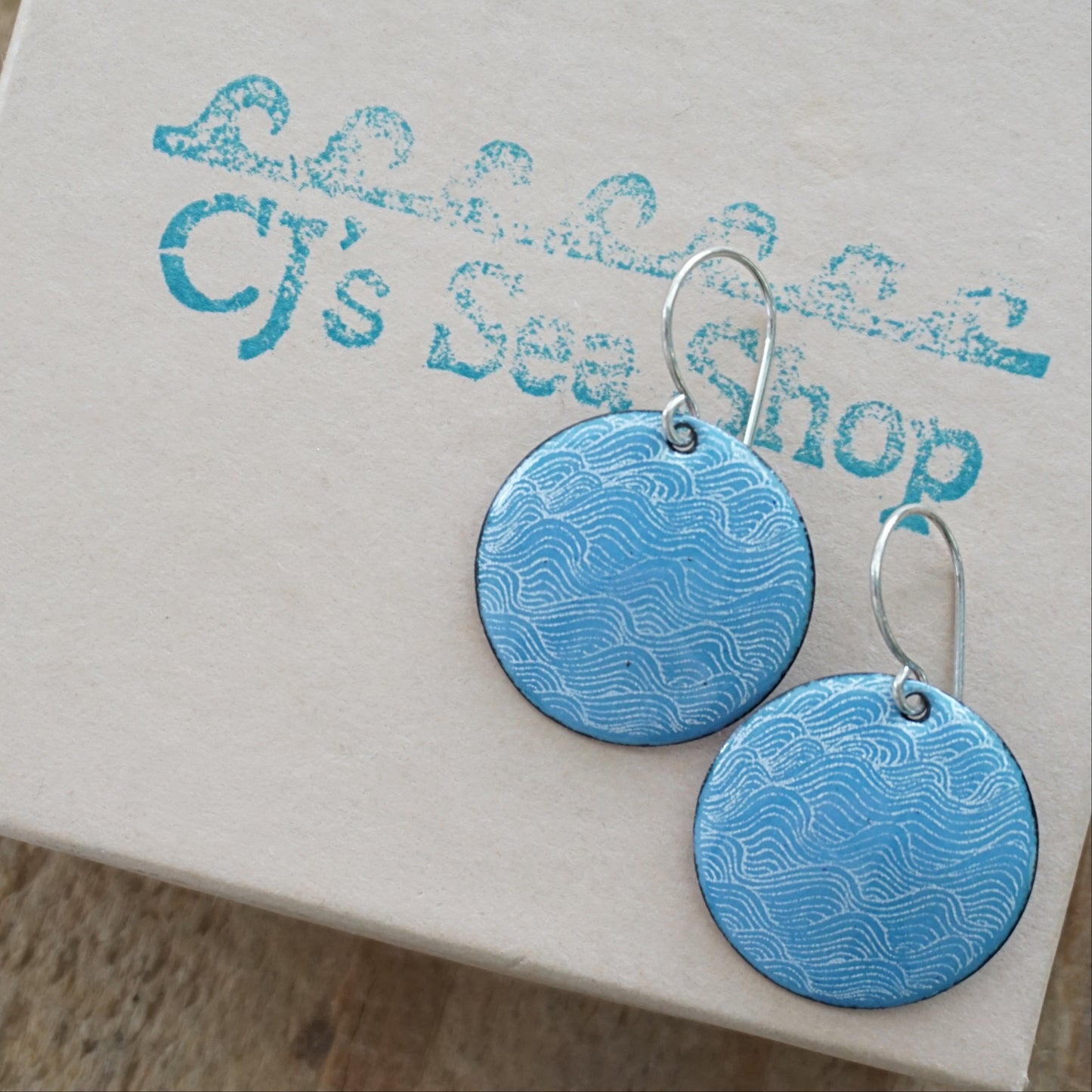 White Waves on Blue Enamel Disc Earrings