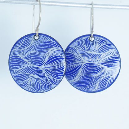 White Feather Accents on Cobalt Blue Enamel Disc Earrings
