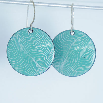 White Feather Accents on Green Enamel Disc Earrings