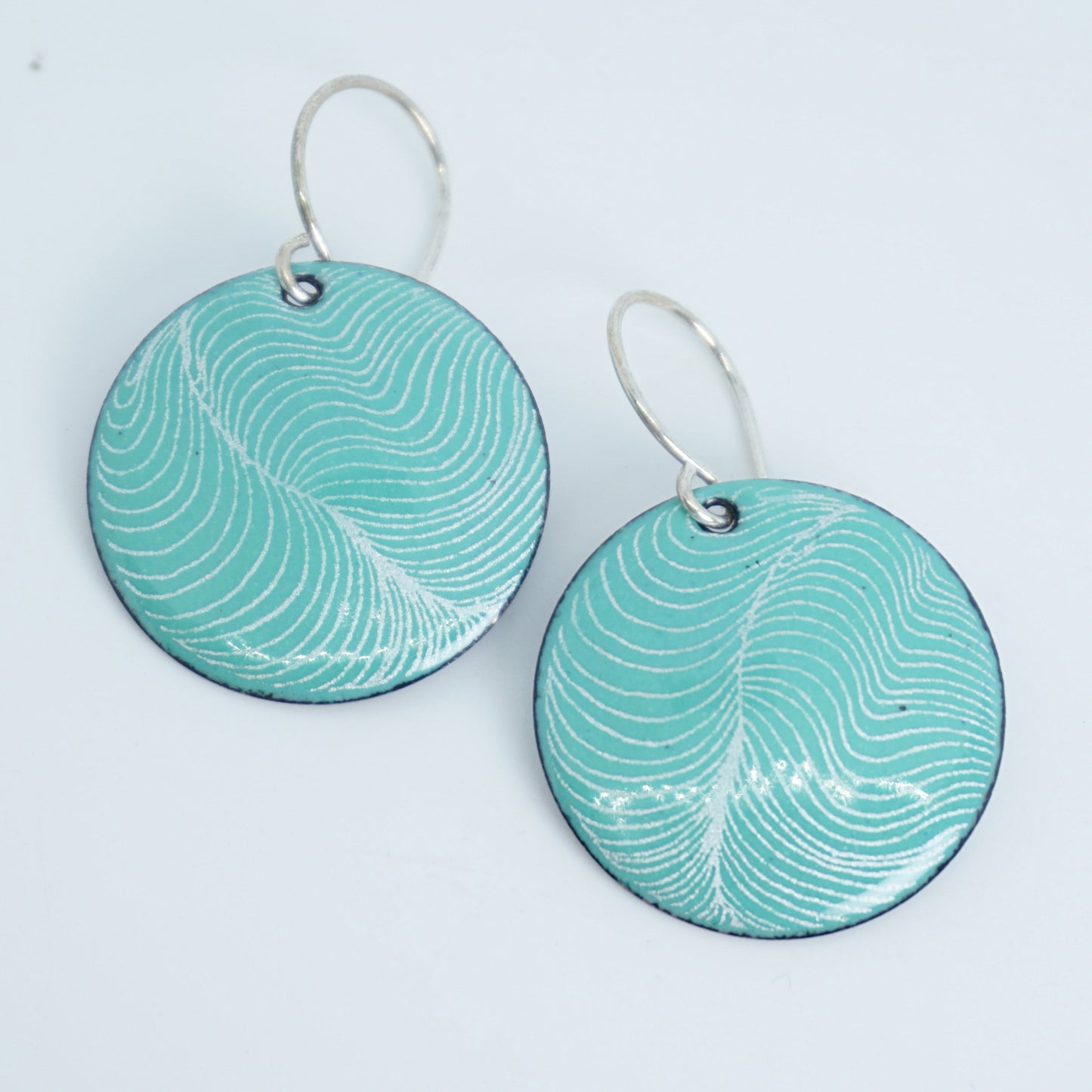 White Feather Accents on Green Enamel Disc Earrings