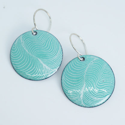 White Feather Accents on Green Enamel Disc Earrings