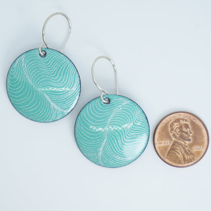 White Feather Accents on Green Enamel Disc Earrings