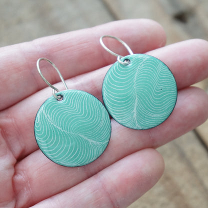White Feather Accents on Green Enamel Disc Earrings
