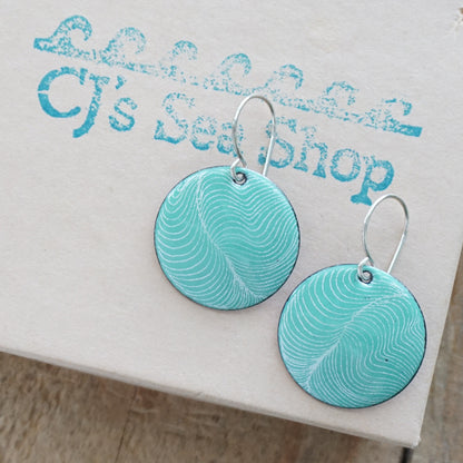 White Feather Accents on Green Enamel Disc Earrings