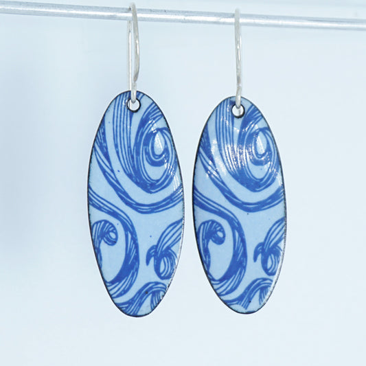 Blue Swirls on Light Periwinkle Enamel Oval Earrings