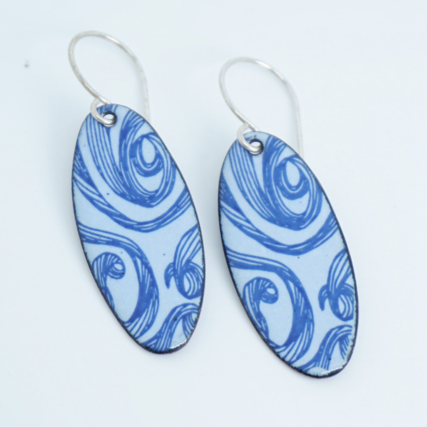 Blue Swirls on Light Periwinkle Enamel Oval Earrings