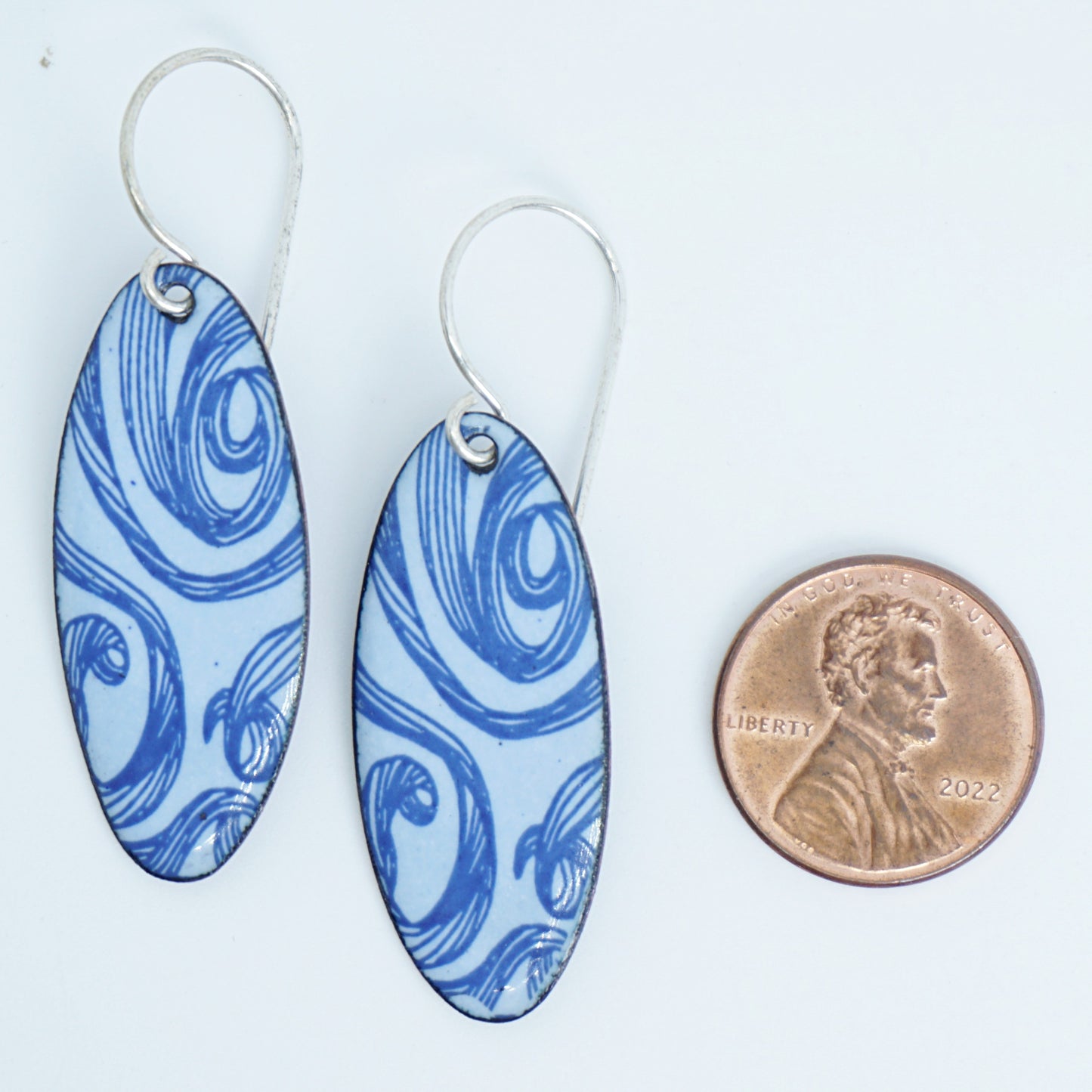 Blue Swirls on Light Periwinkle Enamel Oval Earrings