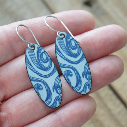 Blue Swirls on Light Periwinkle Enamel Oval Earrings