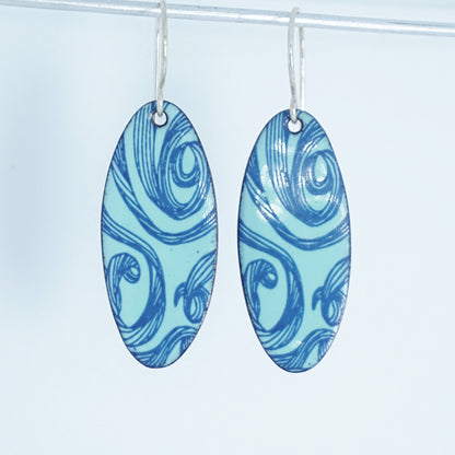 Blue Swirls on Seafoam Green Enamel Oval Earrings