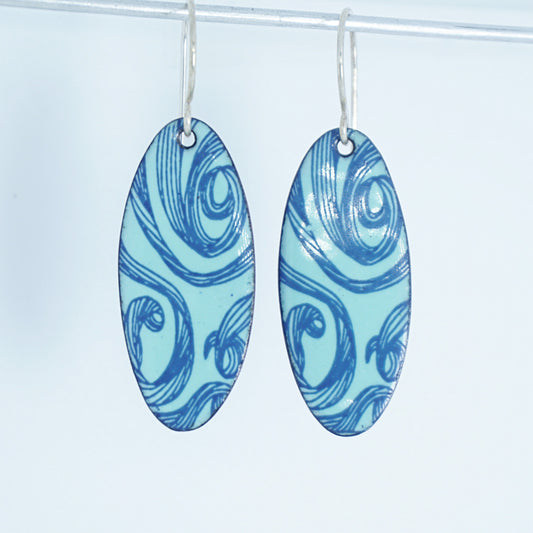 Blue Swirls on Seafoam Green Enamel Oval Earrings