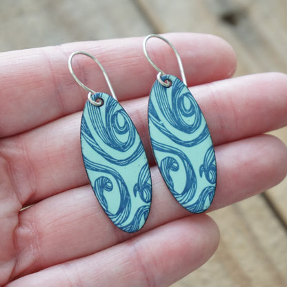 Blue Swirls on Seafoam Green Enamel Oval Earrings