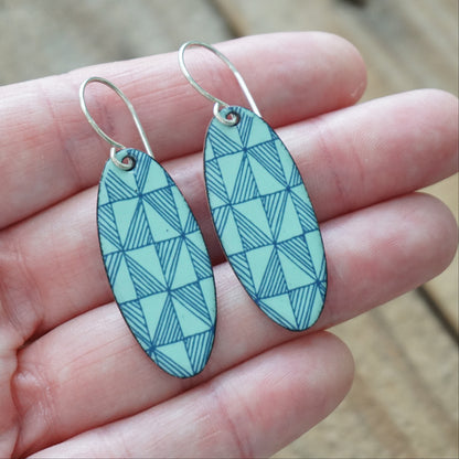 Blue Windmill on Seafoam Green Enamel Oval Earrings