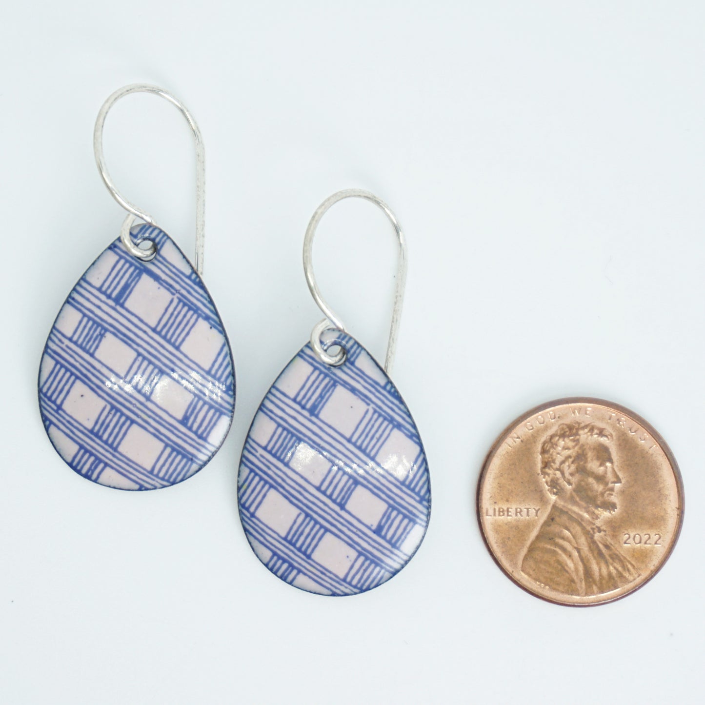 Blue Accents on Pink Enamel Teardrop Earrings