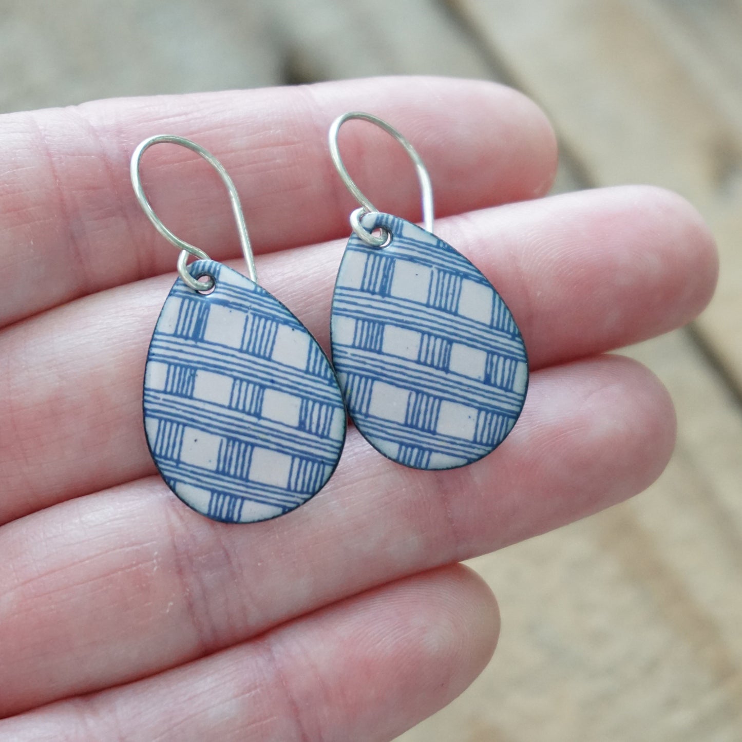 Blue Accents on Pink Enamel Teardrop Earrings