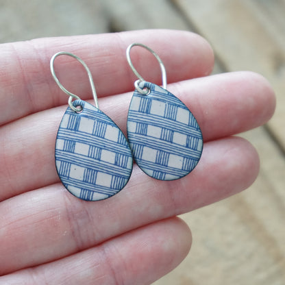 Blue Accents on Pink Enamel Teardrop Earrings